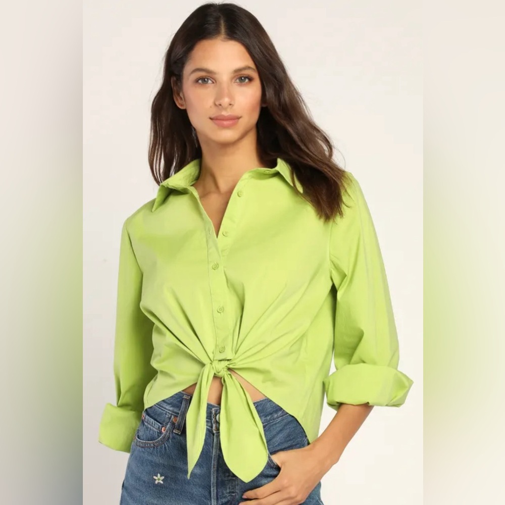 Lulus, Sunny Ties Lime Green Tie-Front Long Sleeve Button-Up Top. Sz. L